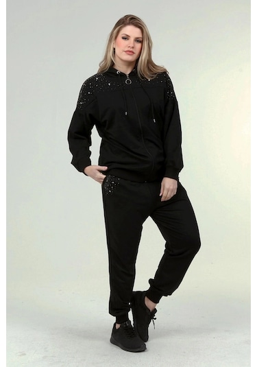 Taş Baskılı İncili Eşofman Takım Siyah