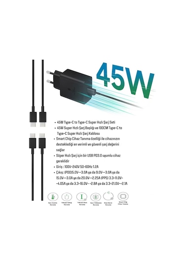 Samsung Galaxy A73 Uyumlu Type-c Ultra Hızlı Şarj Cihazı 45w 3.0 Amper Şarj Seti
