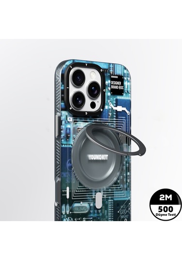 İphone 14 Pro Max Uyumlu Kılıf Magsafe Şarj Özellikli Youngkit 360 Standlı Technology Serisi Kapak Mavi