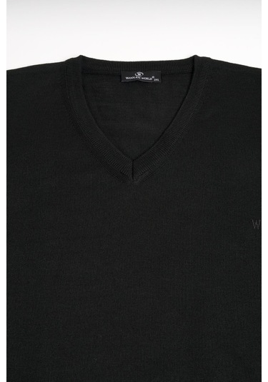 Woolen World V Yaka Battal Büyük Boy Yünlü Triko Kazak Siyah