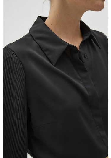 Sateen Plise Kollu Gömlek - Siyah-137085 Siyah