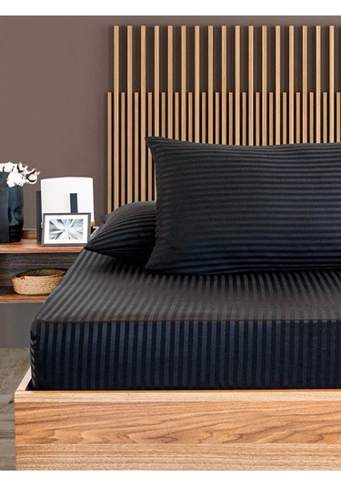 Siyah Pamuklu Çizgili Saten Lastikli Çarşaf Takımı Tek Kişilik + 1 Yastık Kılıfı Siyah