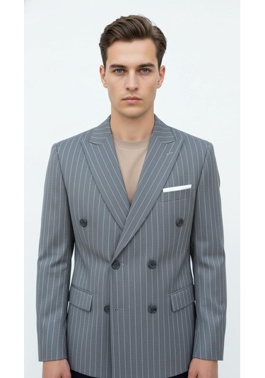 Plus Scorpion Gri Çizgili Erkek Kruvaze Blazer Ceket İtalyan Kesim, Şık Ve Modern Tarz Antrasit