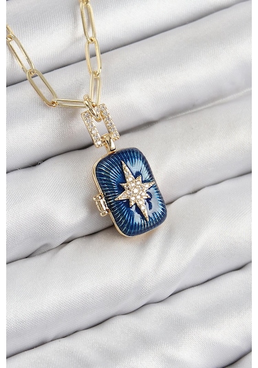 Pirinç Zirkon Taşlı Açılabilir Kutup Yıldızı Model Gold Renk Kadın Kolye Çok Renkli