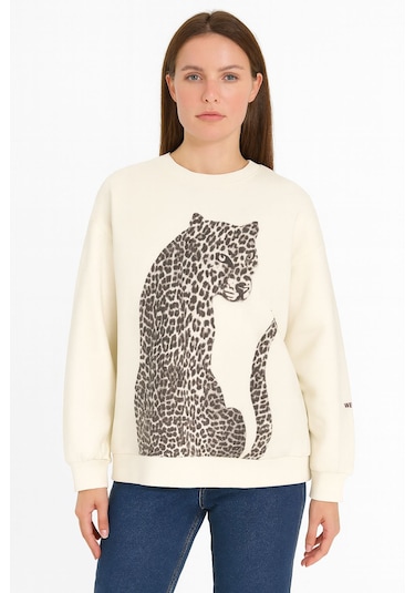 Quzu Leopar Figürlü Kolu Yazı Baskılı Sweatshirt Ekru Ekru