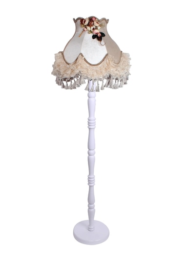 Vizon Kumaş Kaplama Ahşap Beyaz Ayak Lambader Çiçek Tasarım