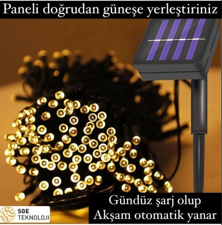 Mighty Güneş Enerjili 100 Led 12 Metre Sarı Renk Bahçe Aydınlatması Led Işık
