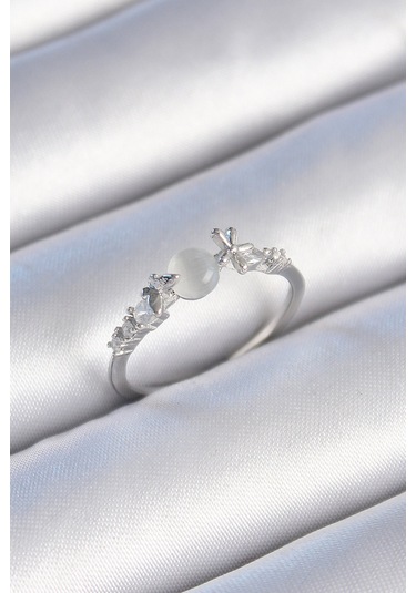 Gümüş Renk Zirkon Taşlı Beyaz Mineli Kelebek Detay Kadın Yüzük - Ebj241214w29778 Bakır