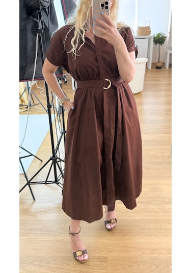 Modaonna Koyu Kahve Kemerli Gömlek Elbise