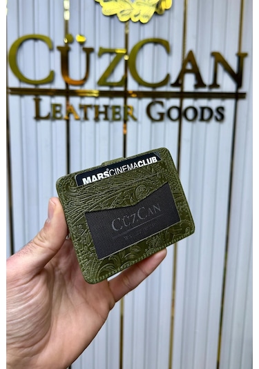 Cüzcan Jorvik Patlı Hakiki Deri Premium Kartlık Kişiye Özel İsim Baskılı Yeşil Motifli
