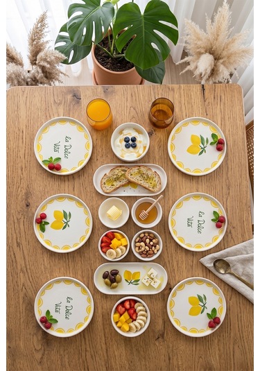 Vita Lemony 14 Parça 6 Kişilik Stackable Seramik Tabak Seti Premium Sunum & Kahvaltı Takımı Beyaz