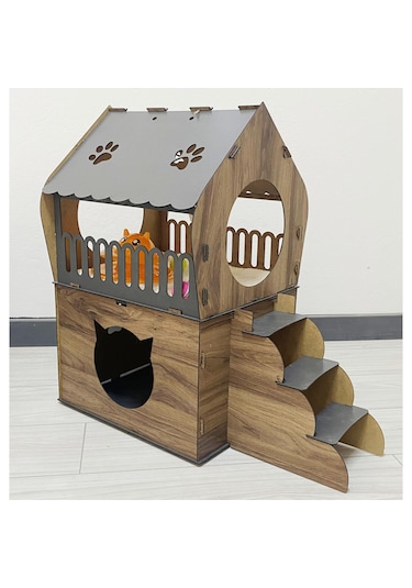 Reyo Pet Dekoratif Teraslı Kedi Evi ve Mama Kabı Seti