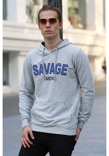 Madmext Basklı Gri Kapşonlu Sweatshirt 4147 Gri