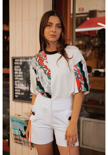 Kadın Asimetrik Desenli Kısa Kollu Bluz Frn1006 Siyah