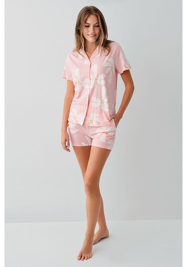 Rolypoly Kadın Pembe Gömlek Şort Takım Rp3780-s-v2 Pembe