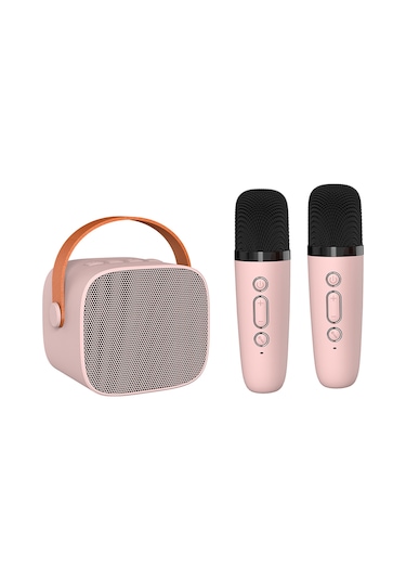 Jeemson P2 Modeli Pembe Bluetooth Hoparlör, İki Mikrofonlu Karaoke Sistemi, Echo Efekti, 2000mah Pil