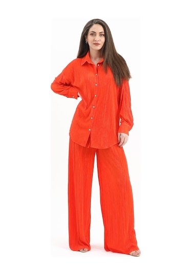Düğme Detaylı Örme Pilise Takım - Turuncu-turuncu Turuncu