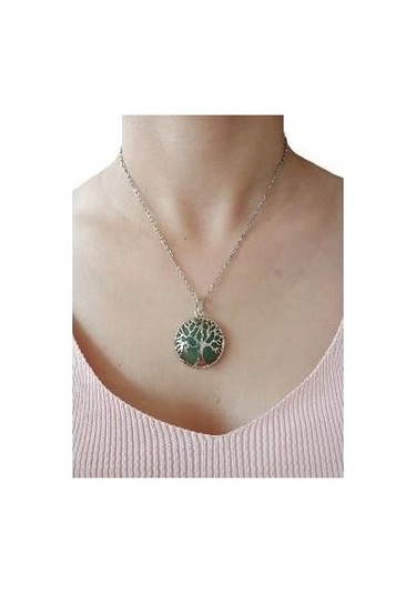 Yeşim Doğal Taşlı Hayat Ağacı Çelik Kolye - Kadın