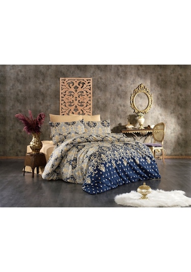 Çarşafı Lastikli Çift Taraflı Çift Kişilik Nevresim Takımı 4 Yastık Kılıflı Bej