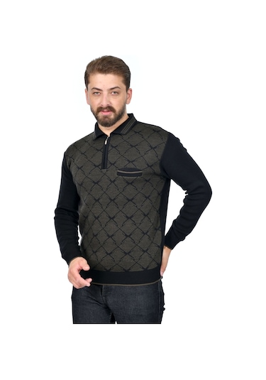 Kamalı Erkek Çelik Örgü Gömlek Yaka Cepli Fermuarlı Polo Yakalı Tüylenmeyen Triko Kışlık Baba Kazak Siyah