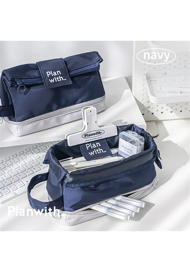 Aubyhe Geniş Kabinli Kumaş Kalem Kutusu, Çok Bölmeli, Dikey Fermuar İle Genişletilebilir, Öğrenci Okul Malzemesi, Seyahat/makyaj Kutusu - Lacivert Blue