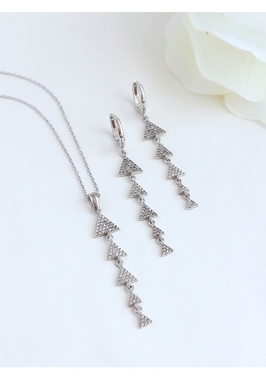 Işıltılı Baget Modern Tasarım Uzun Kolye Küpe Gümüş Gelin Seti