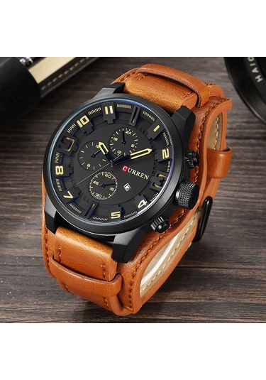 Yunboo Curren Erkek Spor Kol Saati 8225 - Büyük Kadran, Siyah Kasa, Kahverengi Ekran Ve Kordon - Dayanıklı Tasarım Çok Renkli