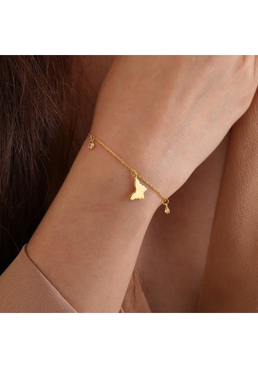 Queen Silver Jewelry 925 Ayar Gümüş Kelebek Objeli Zirkon Taş Sallantılı Bileklik Altın
