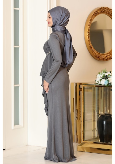 Parıltılı Fırfır Detaylı Zühre Tesettür Abiye Gri