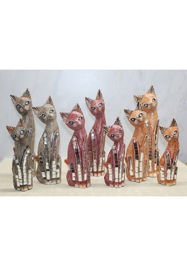 Büro Ev Ofis Dekoru İçin 3parça 30cm Ahşap Kedi Objesi Seti