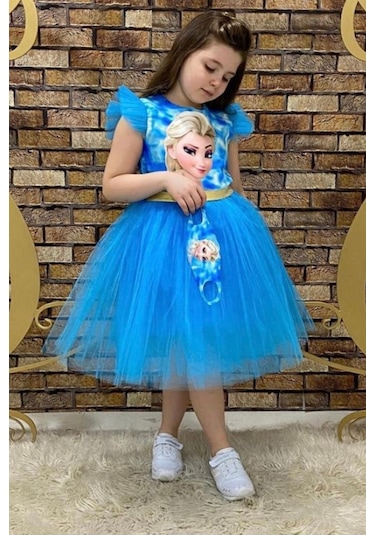 Maske Hediyeli Tül Detay Elsa Elbise Mavi