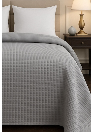 Renkli Gofret Desen Çift Kişilik Yatak Örtüsü Otel Pike 200x230cm Gri