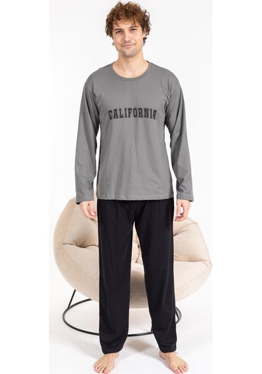 Erkek Penye Pamuk Regular Kalıp Sıfır Yaka Kaliteli Pijama Takımı A803123-koyu Gri Koyu Gri