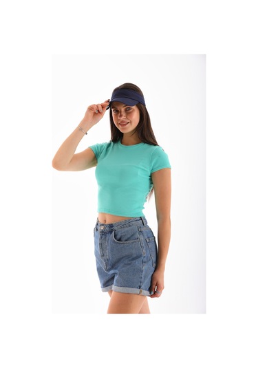 Kadın Likralı Kısa Kol Crop Bluz Mint