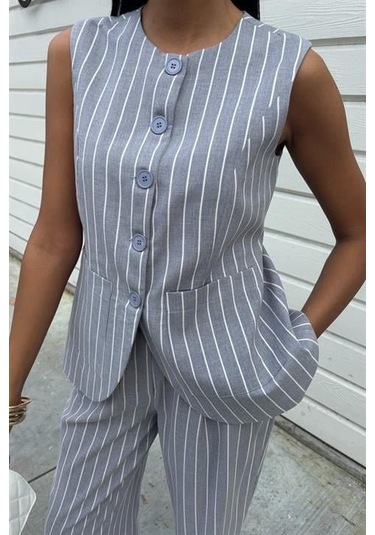 Çizgili Viscon Keten Yelekli Rahat Takım 10121 Gri