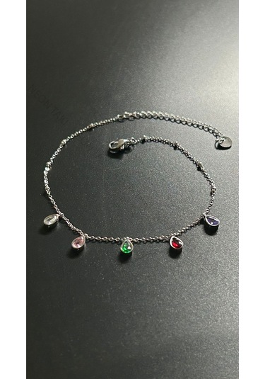 Damla Model , Renkli Taşlı, Paslanmaz Çelik Halhal 30, Gümüş Renk Gümüş