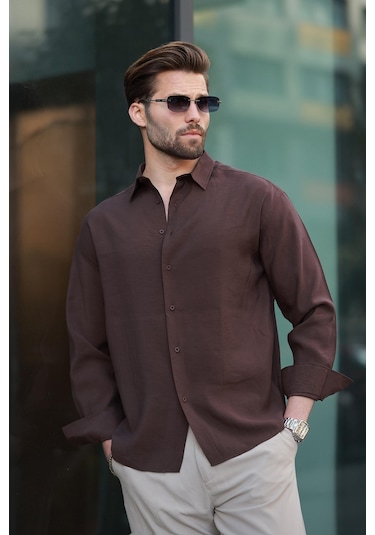 Madmext Kahverengi Basic Uzun Kollu Erkek Gömlek E6762 Kahverengi