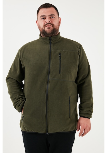 Buratti Regular Fit Dik Yaka Fermuarlı Büyük Beden Polar Erkek Hırka 5906028B Haki