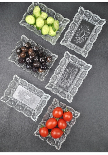 6'lı Cam Kase Çerezlik Kahvaltılık Dikdörtgen Sunumluk-13x10x4cm