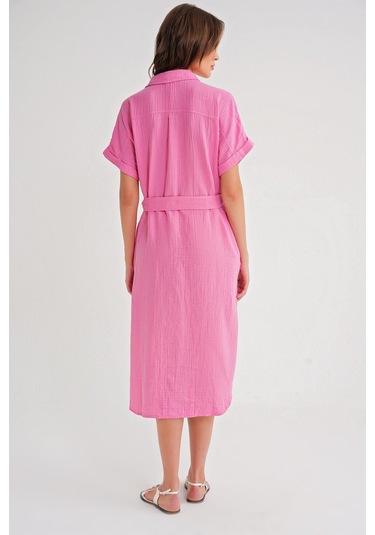 4720 Kadın Pile Detaylı Bağlamalı V Yaka Müslin Elbise Pembe Pembe