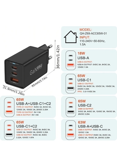Honeybeeshop Beyaz 65w Gan Hizli Sarj Cihazi 3 Baglanti Noktasi Usb A Ve 2 Usb C Pd Pps Macbook İpad İphone Galaxy Uyumlu