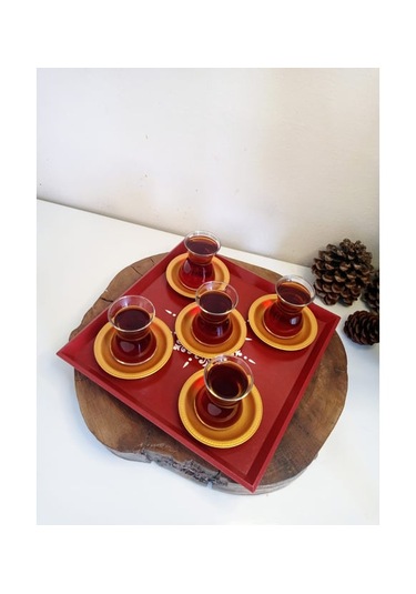 Yeni Yıl Tepsisi Ahşap Dekoratif Kare Kahve, Çay, Söz, Nişan, Sunum , Servis Tepsisi Kırmızı