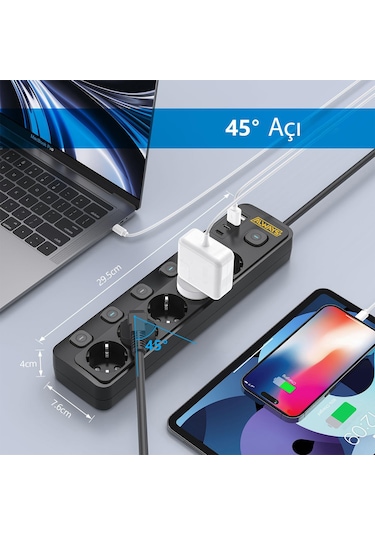 3680w Anahtarlı Akım Korumalı 5'li Grup Priz Çocuk Korumalı 2x Usb + 2x Type-c 2 M