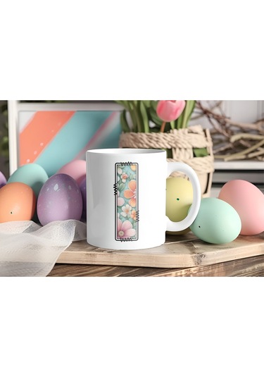 I Harfli Pastel Çiçek Desenli Kahve Kupası - Kişiye Özel Çiçekler Koleksiyonu Bardak - Hediye Beyaz