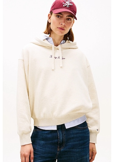 Kadın Rahat Kalıp Düşük Omuzlu Kapüşonlu Sweatshirt - Krem Oat Marl Htr Tonal