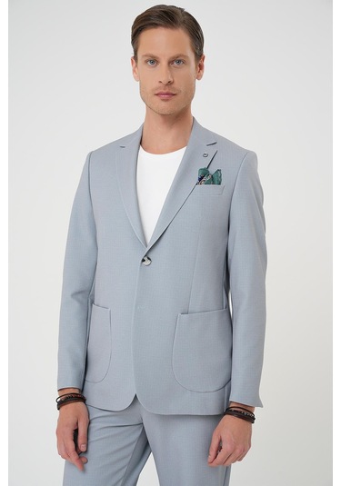 Comfort Fit Mono Yaka Çift Yırtmaç Torba Cep Kendinden Desenli Casual Gri Ceket C 705 Gri