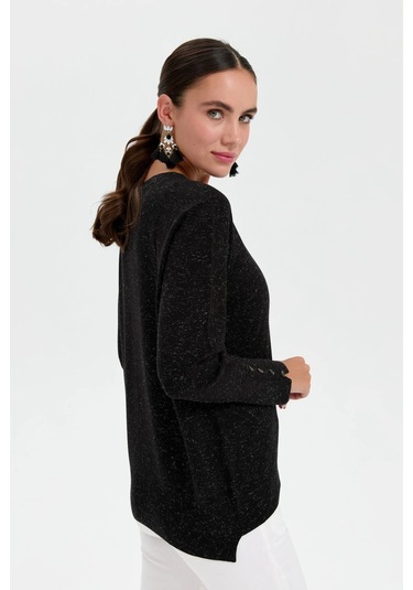 Desen Triko Kadın Sıfır Yaka Önü Kısa Arkası Uzun Bluz 23331 Siyah Siyah