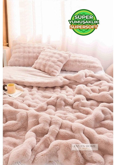 Evlen Home Kürk Yatak Örtüsü Çift Kişilik Dolgulu Peluş Yumuşak Çift Taraflı Yorgan 3 Parça Loria Pudra