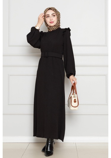 Omuzu Fırfır Kemerli Elbise-siyah-4557 Siyah