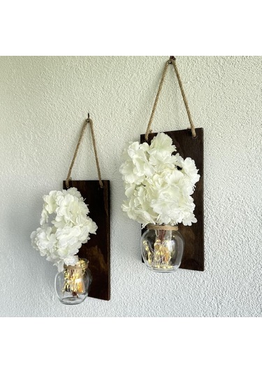 Led Işıklı, Beyaz Bahardalı Çiçekli Duvar Dekoru Ceviz İkili Set Ceviz